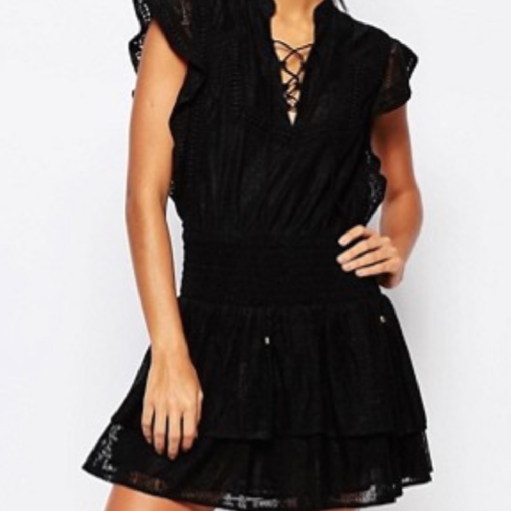 Moon River Ruffle Mini Dress with Tie Front